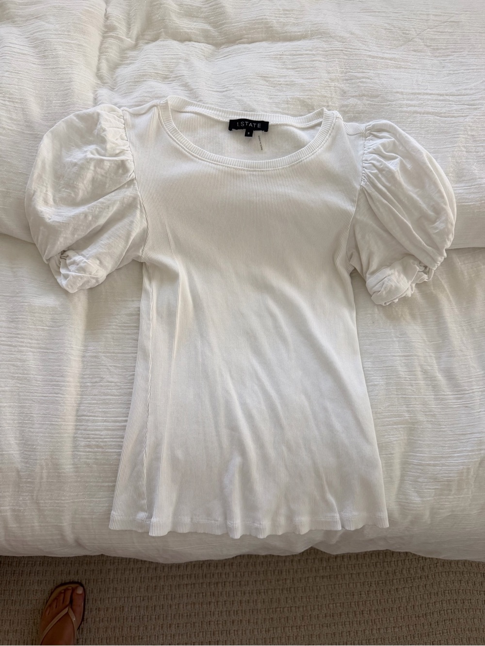1. State White Puff Sleeve Ribbed Tee
